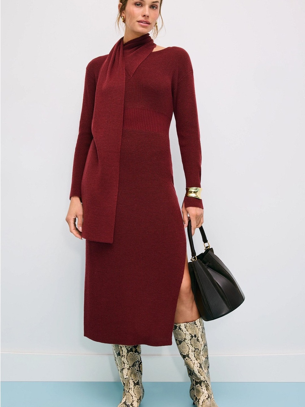 Long-Sleeve Knit Midi Dress with Scarf Detail - Burgundy